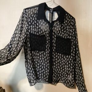 Buffalo David Bitton Black with White Cat Print Sheer Blouse Size M